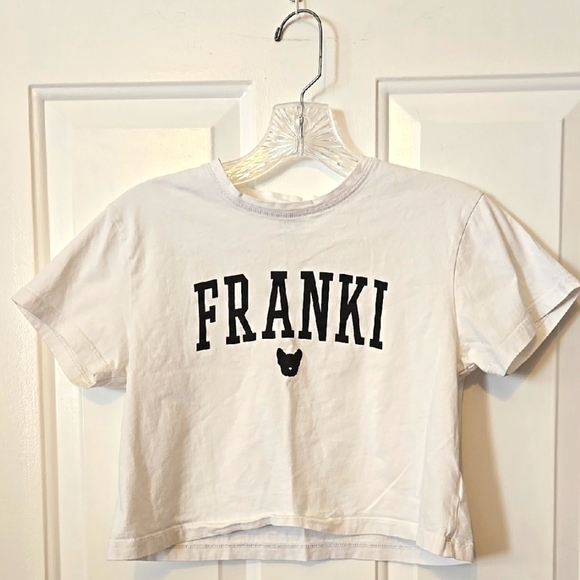 Franki, Francesca's, Sz 08, Crop Top, T-shirt Short Sleeve Tee, White, Logo - Picture 1 of 8